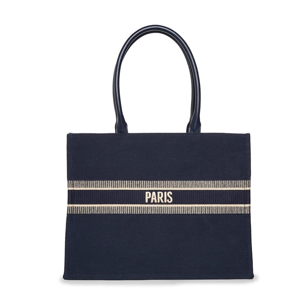 Paris Navy Canvas Tote Bag with Contrast Stripes